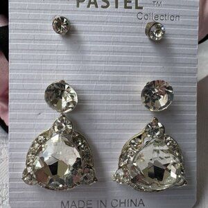 Pastel Rhinestone Silver Tone Dangle Drop CZ Triangle Stud 2 Pair Earrings NEW